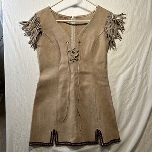 vintage zig zag genuine suede fringed lace up with zipper hippie 70's mini dress